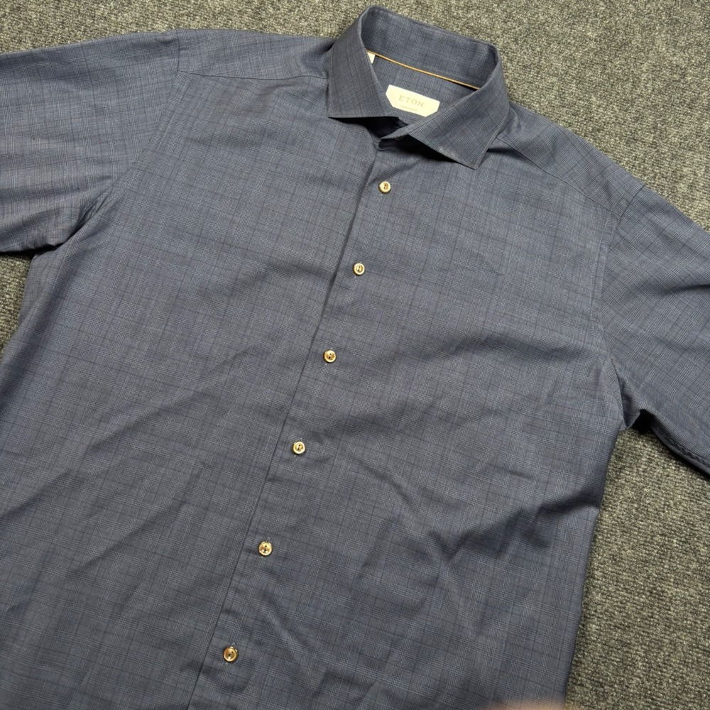 Eton Dress Shirt Mens 17 Blue Plaid 100% Wool Contemporary Fit